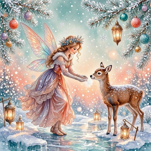 Watercolor Winter Fairy – 1024×1024 Fairy & Baby Deer Snow Scene