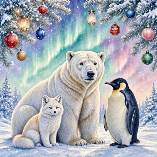 Watercolor Winter Animals – 1024×1024 Polar Bear, Arctic Fox & Penguin Scene