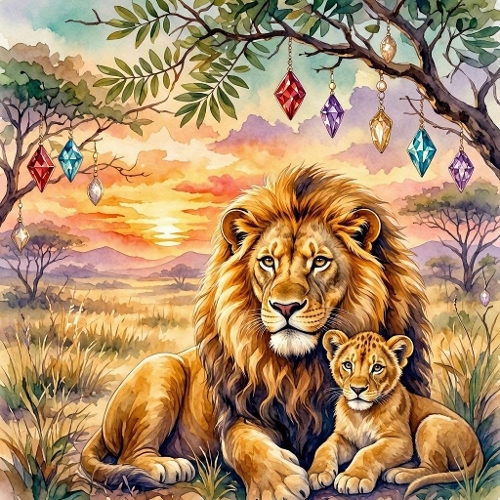 Watercolor African Lions – 1024×1024 Male Lion & Cub Sunset Scene