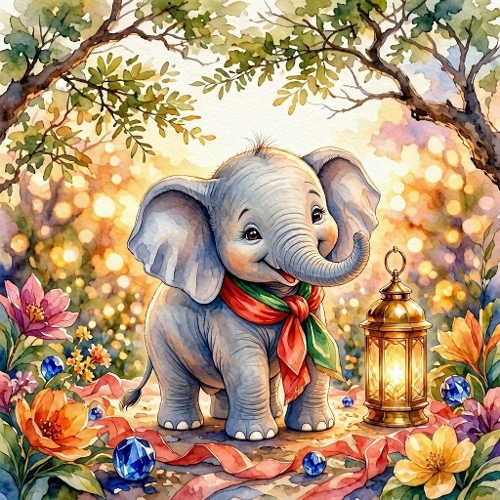 Watercolor Baby Elephant – 1024×1024 Cute Elephant & Golden Lantern Scene