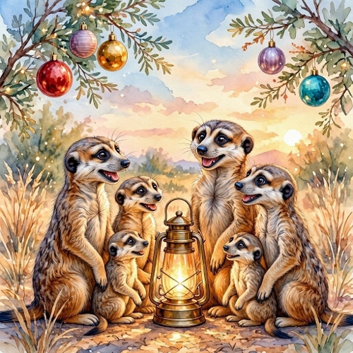 Watercolor Winter Meerkats – 1024×1024 Meerkat Family & Lantern Scene