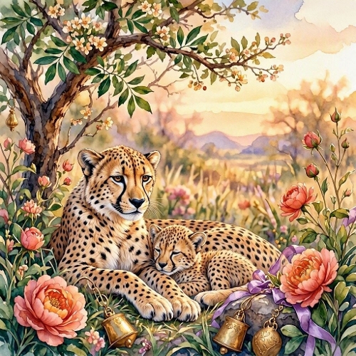 Watercolor African Cheetahs – 1024×1024 Mother Cheetah & Sleeping Cub Scene