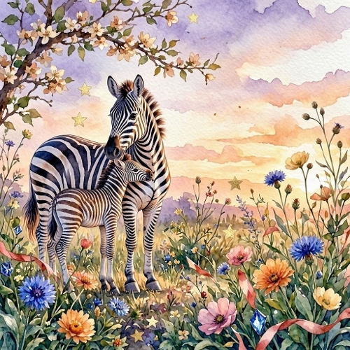 Watercolor African Zebras – 1024×1024 Mother Zebra & Foal Wildflower Meadow Scene