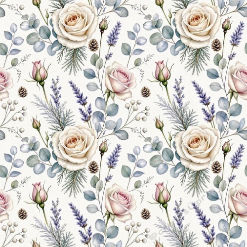 Watercolor Floral Pattern – 1024×1024 White Roses, Lavender & Eucalyptus Seamless Pattern