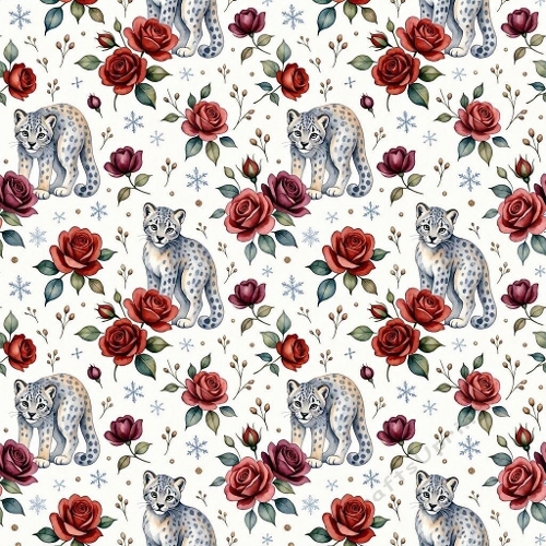 Watercolor Snow Leopard Pattern – 1024×1024 Leopard & Red Rose Seamless Pattern