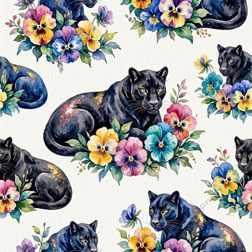 Watercolor Black Panther Pattern – 1024×1024 Panther & Pansy Flowers Seamless Pattern