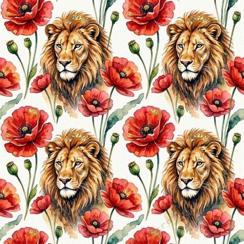 Watercolor Lion Pattern – 1024×1024 Male Lion & Red Poppies Seamless Pattern
