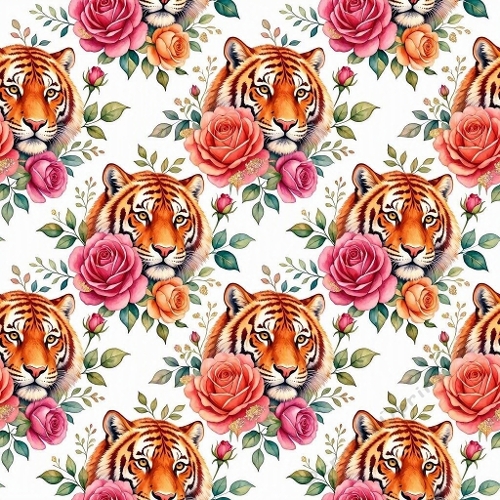 Watercolor Tiger Pattern – 1024×1024 Bengal Tiger & Pink Roses Seamless Pattern