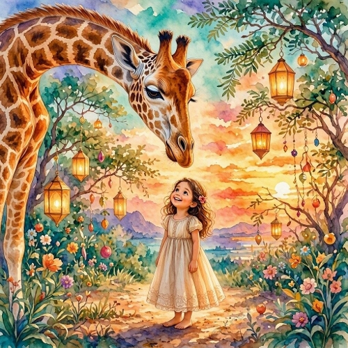 Watercolor Giraffe & Girl – 1024×1024 Magical Sunset Lantern Meadow Scene