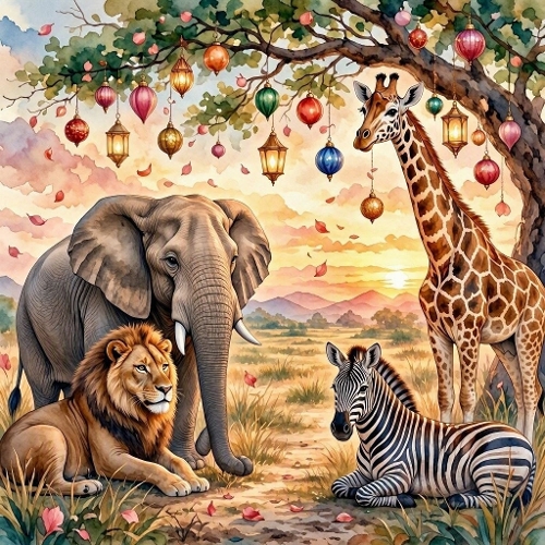 Watercolor Safari Animals – 1024×1024 Elephant, Lion, Zebra & Giraffe Scene