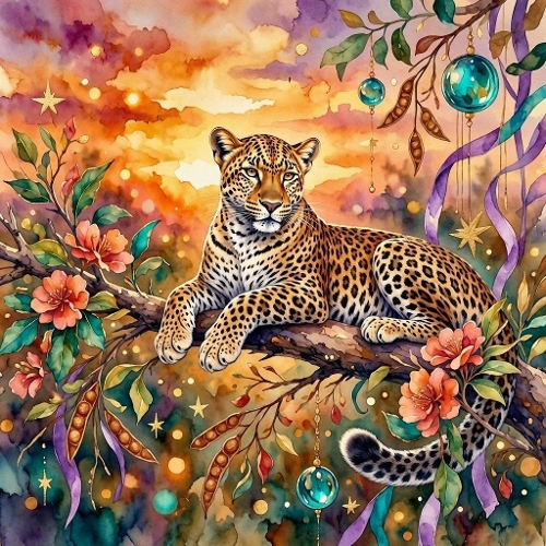 Watercolor Leopard – 1024×1024 Sunset Branch & Glass Bauble Scene