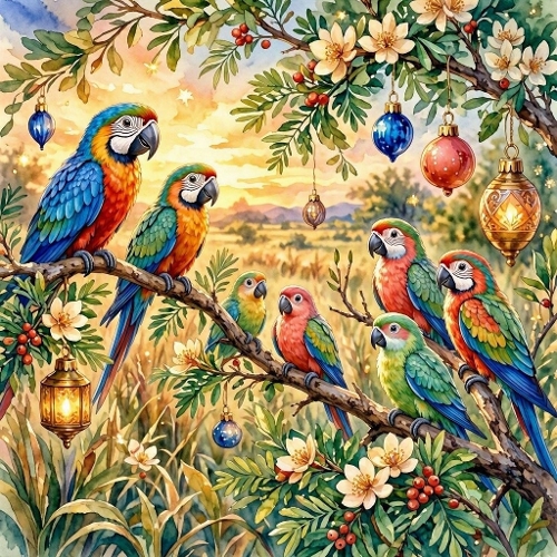 Watercolor Parrots – 1024×1024 Tropical Macaws & Glowing Lantern Scene