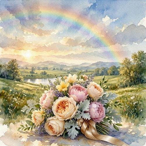 Watercolor Flower Bouquet – 1024×1024 Rainbow Landscape & Peony Scene