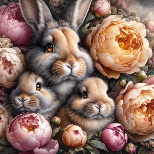 Watercolor Bunny Family – 1024×1024 Rabbit & Blooming Peonies Scene