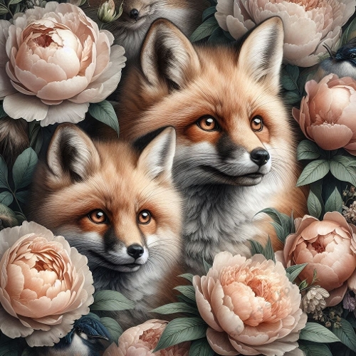 Watercolor Fox Family – 1024×1024 Red Fox & Blush Peonies Scene