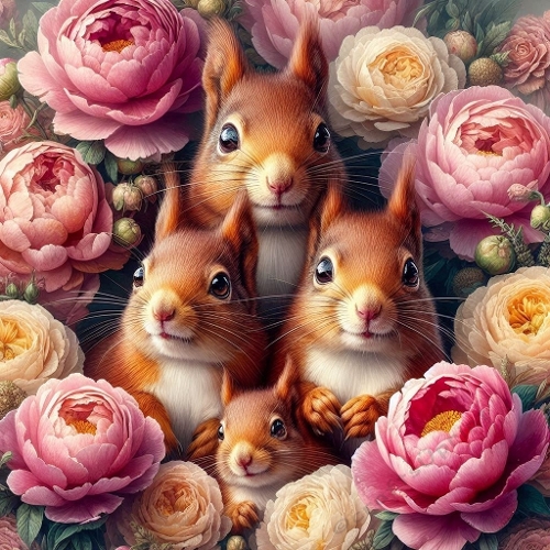 Watercolor Squirrel Family – 1024×1024 Red Squirrels & Blooming Peonies Scene