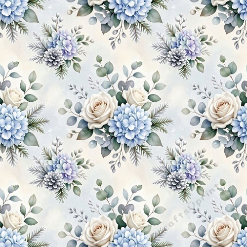 Watercolor Floral Pattern – 1024×1024 Blue Hydrangea & White Roses Seamless Pattern