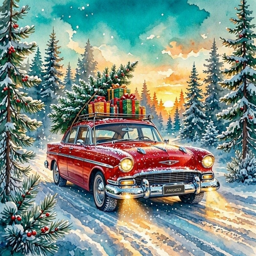 Cherry‑Red 1950s Christmas Car with Tree on Snowy Forest Road – Luxury Watercolor (8K)