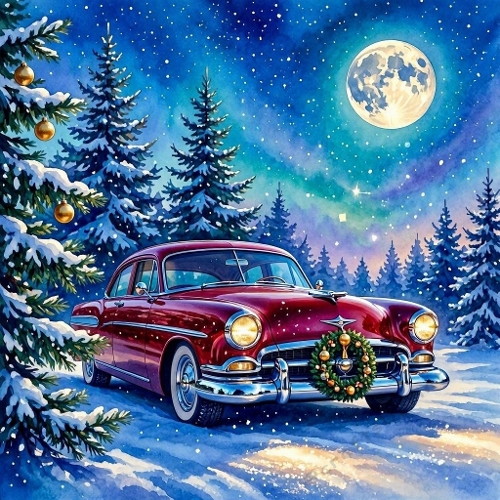 Deep Red 1950s Christmas Eve Car under Snowy Fir Trees – Luxury Watercolor