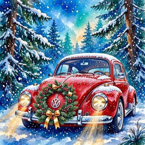 Cherry‑Red Christmas Volkswagen Beetle in Heavy Snowfall – Luxury Watercolor 