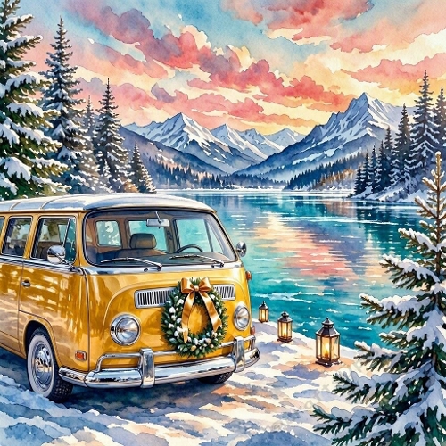Yellow Christmas Volkswagen Combi beside Frozen Mountain Lake – Luxury Watercolor 