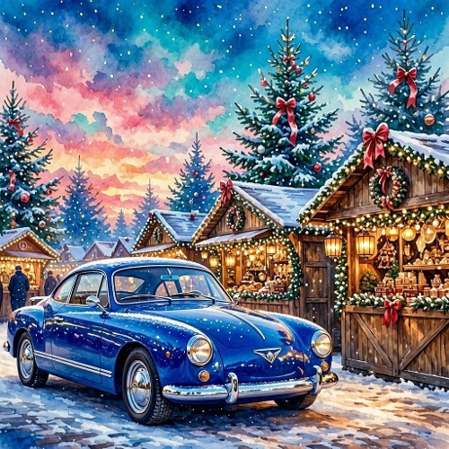 Royal‑Blue Karmann‑Ghia at Snowy European Christmas Market 