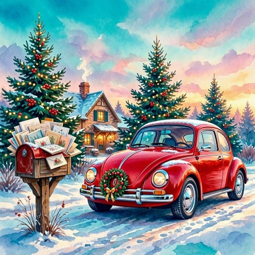 Cherry‑Red New Beetle VW beside Snowy Christmas Mailbox 