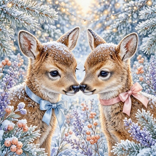 Watercolor Deer Pair – 1024×1024 Winter Fawns & Snow Pine Scene