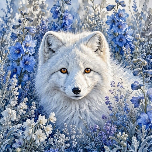 Watercolor Arctic Fox – 1024×1024 White Fox & Blue Larkspur Flowers Scene