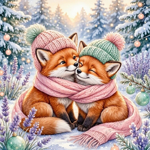 Watercolor Winter Fox Pair – 1024×1024 Cozy Foxes & Lavender Snow Scene