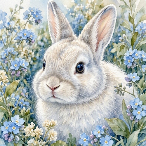 Watercolor Bunny – 1024×1024 White Rabbit & Blue Forget-Me-Nots Scene