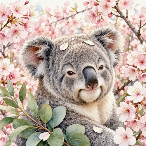 Watercolor Koala – 1024×1024 Fluffy Koala & Cherry Blossom Scene