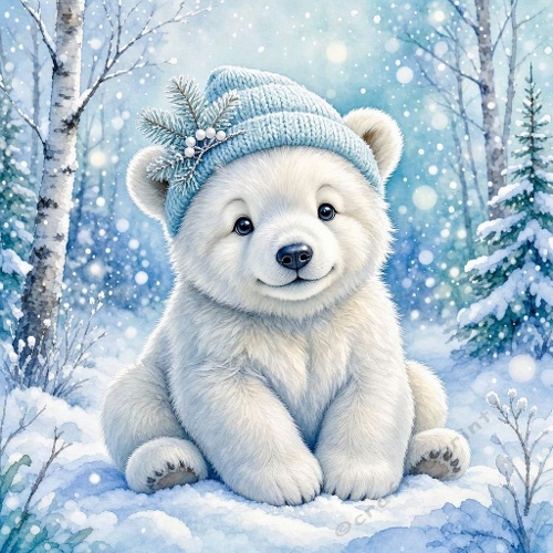 Watercolor Polar Bear – 1024×1024 Baby Polar Bear & Winter Forest Scene