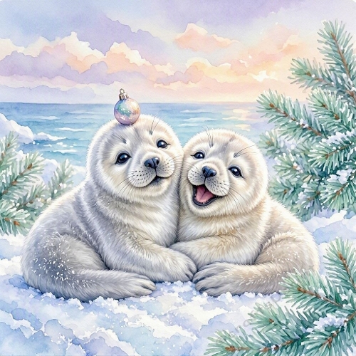 Watercolor Harp Seal Pups – 1024×1024 Baby Seals & Snowy Coastal Scene