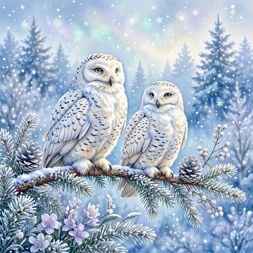 Watercolor Snowy Owls – 1024×1024 Snowy Owl Pair & Winter Pine Forest Scene