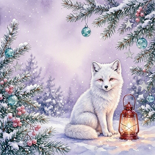 Watercolor Arctic Fox – 1024×1024 White Fox & Glowing Lantern Winter Scene