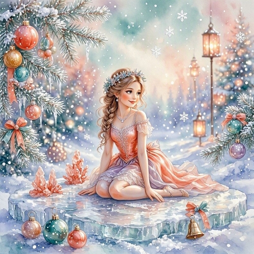 Seamless Aquarelle Fantasy Winter Princess Pattern Ice Platform Snowflakes Evergreen Ornaments Lantern Glow Pastel Pink Blue 8K Premium Design