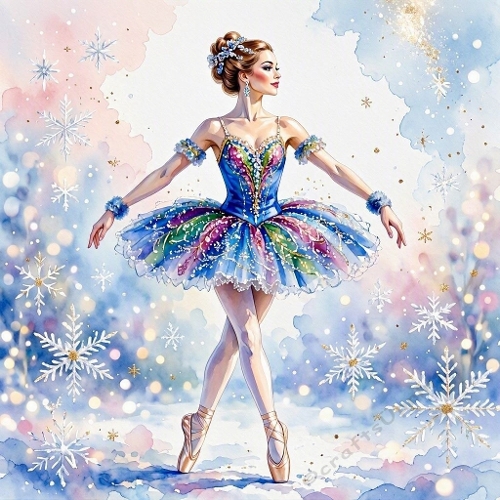 Seamless Aquarelle Winter Ballerina Pattern Colorful Jewel Tutu Snowflakes Pastel Blue Purple Scene Graceful Dance Pose 8K Premium Design