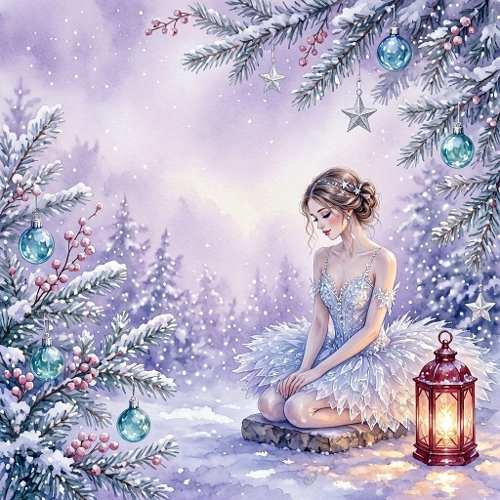Seamless Aquarelle Fantasy Winter Fairy Pattern Icy Blue Dress Snowy Evergreen Branches Blue Ornaments Red Lantern Glow Falling Snow 8K Premium Design