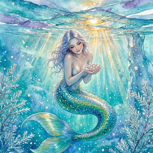 Seamless Aquarelle Fantasy Mermaid Pattern Shimmering Green Blue Tail Glowing Pearls Underwater Coral Bubbles Sunlight Rays 8K Premium Design