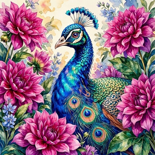 Watercolor Peacock – 1024×1024 Blue Peacock & Magenta Dahlias Scene