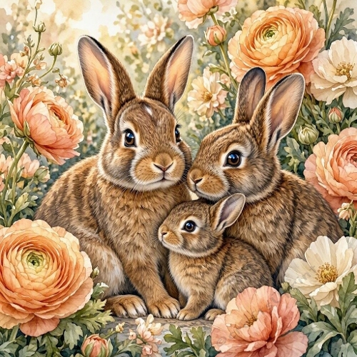 Watercolor Bunny Family – 1024×1024 Rabbit Family & Peach Ranunculus Scene