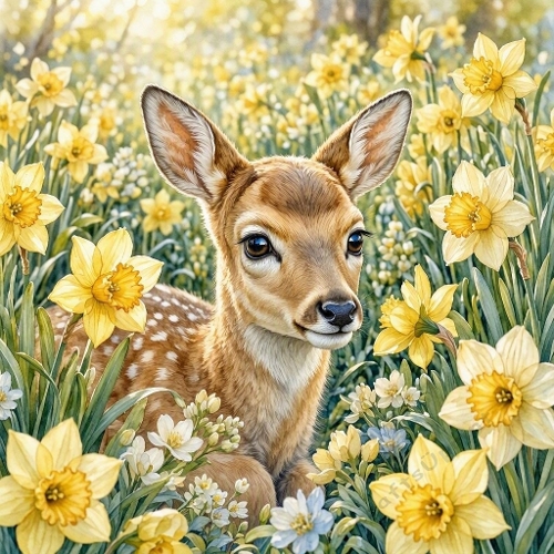 Watercolor Fawn – 1024×1024 Baby Deer & Yellow Daffodils Scene