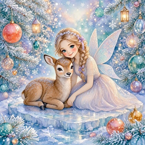 Watercolor Winter Fairy – 1024×1024 Fairy Girl & Baby Fawn Scene