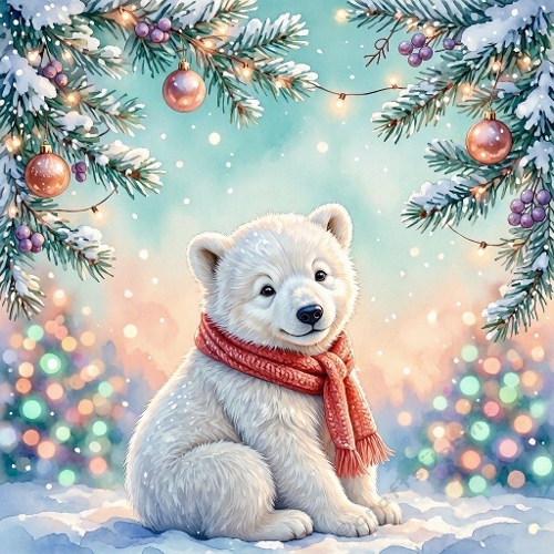 Watercolor Polar Bear – 1024×1024 Baby Polar Bear & Red Scarf Scene
