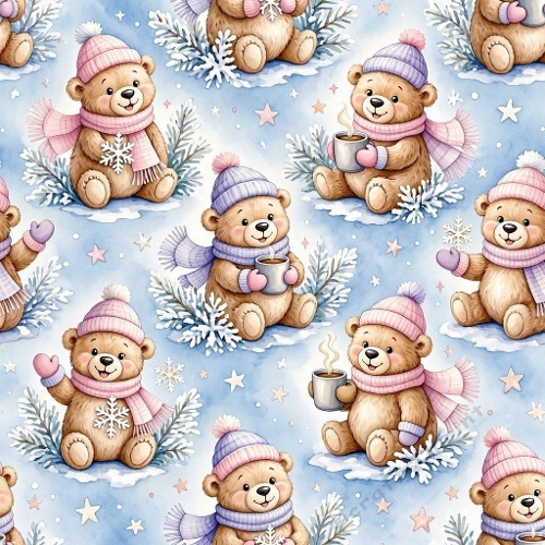 Watercolor Winter Bear Pattern – 1024×1024 Cute Teddy Bears & Snowflakes Seamless Pattern