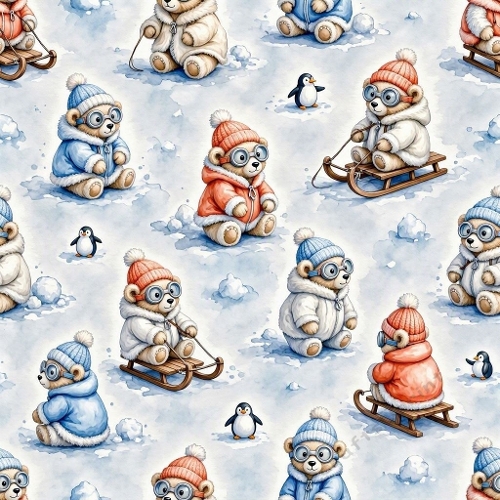 Watercolor Winter Bear Pattern – 1024×1024 Sledding Bears & Penguins Seamless Pattern