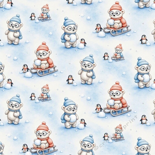 Watercolor Winter Polar Bear Pattern – 1024×1024 Sledding Polar Bears & Penguins Seamless Pattern