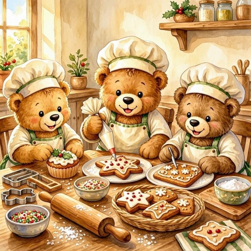 Seamless Aquarelle Christmas Baking Bears Pattern Cute Teddy Chefs Cookies Cupcakes Sprinkles Cozy Kitchen Festive Scene 8K Premium Design