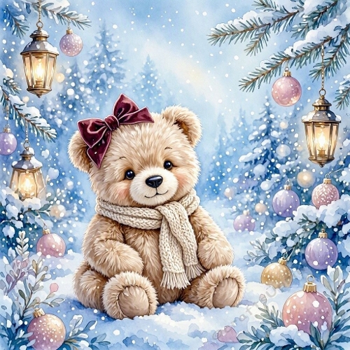 Seamless Aquarelle Winter Teddy Bear Pattern Snowy Evergreen Pastel Ornaments Lantern Glow Cozy Scene 8K Premium Design